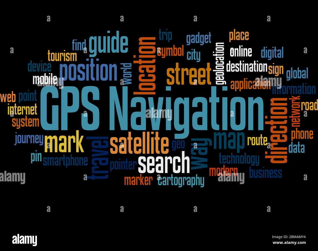 GPS navigation word cloud concept on black background Stock Photo Alamy