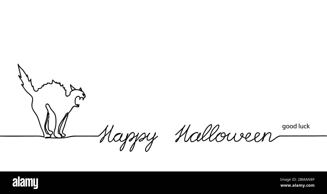 Black cat arched his back and hisses. Happy Halloween vector minimal background.One continuous line drawing of cat for background, banner Stock Vector