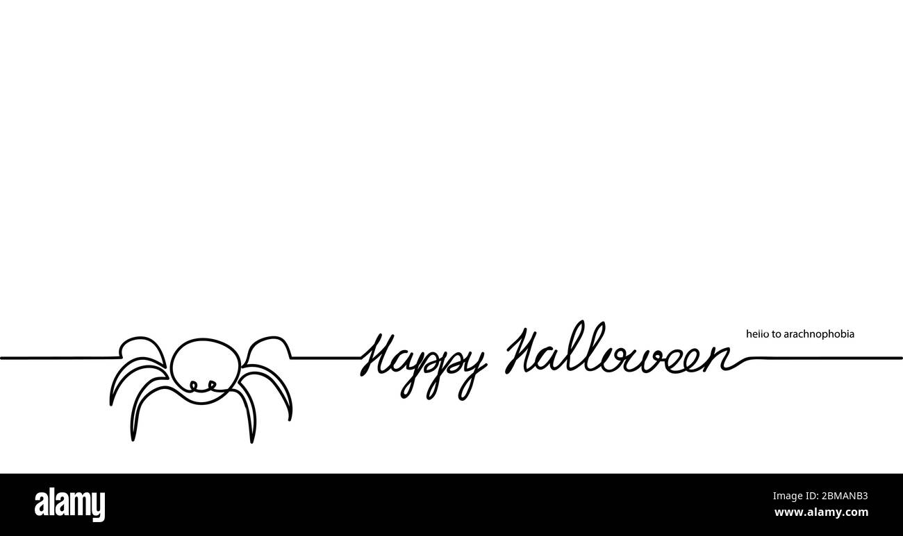 Spider, tarantula vector banner.Happy Halloween lettering. One continuous line drawing of spider for background, banner, illustration. Black and white Stock Vector