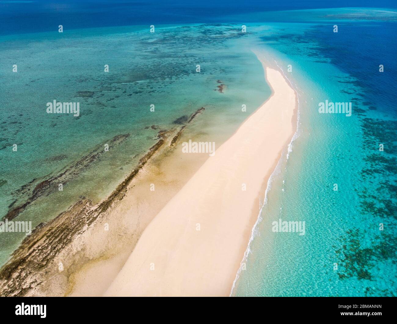 Zanzibar. Empty beach at Snow-white sand bank of Nakupenda Island. Appearing just a few hours in a day. Aerial drone shot Stock Photo