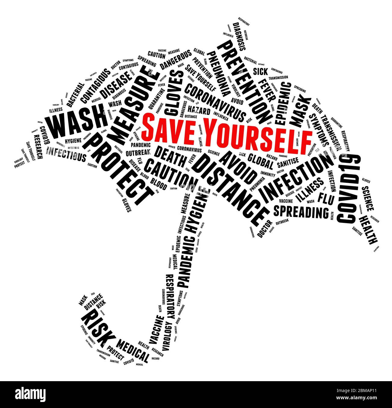 Save yourself umbrella shape word cloud concept on white background