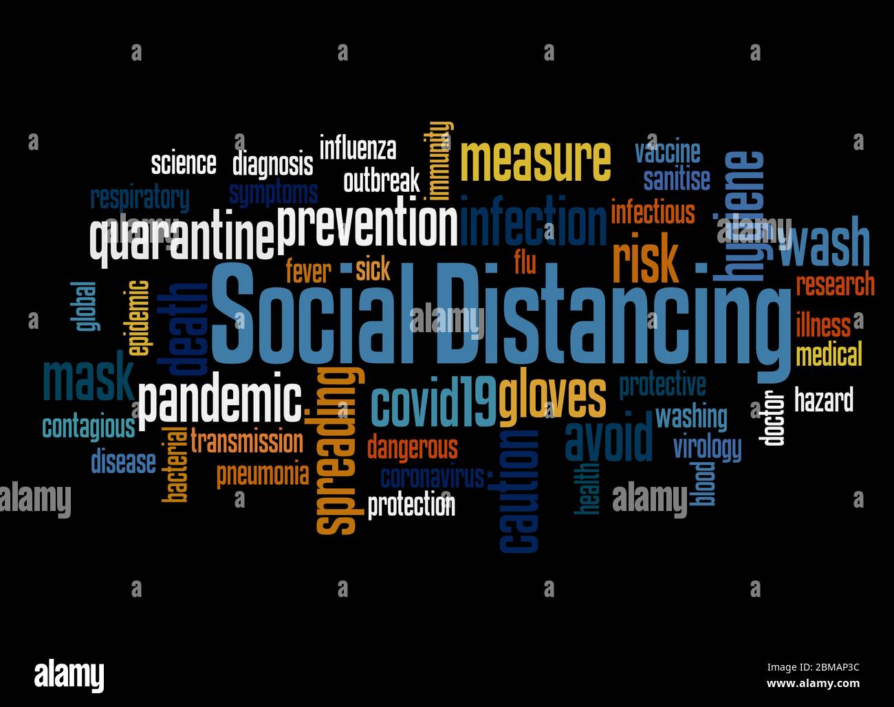 Social distancing word cloud concept on black background. Stock Photo