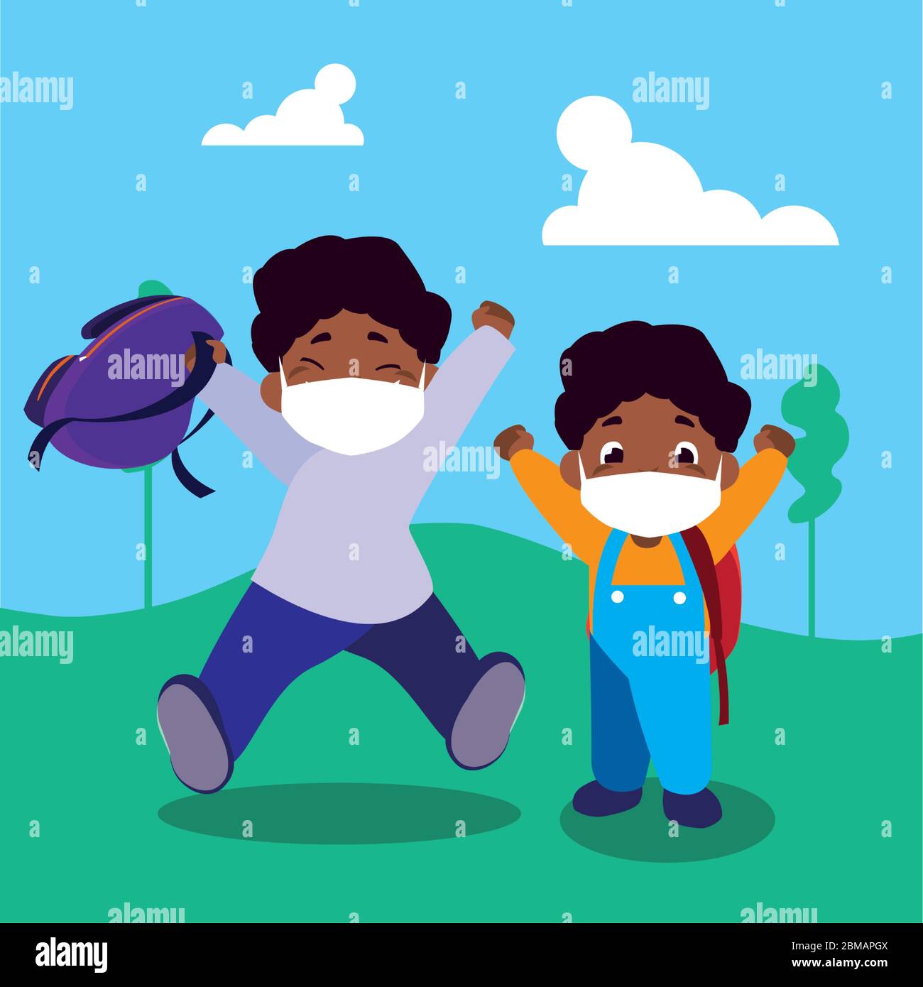 Boys kids cartoons with masks and school bags at park design of Covid