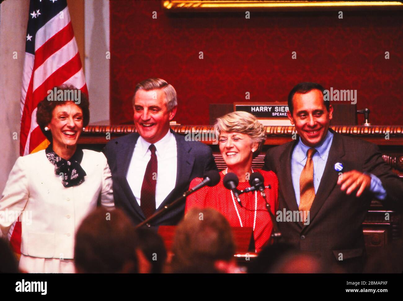 Presidential Candidate Walter Mondale, with Vice-Presidential Candidate Geraldine Ferraro, with their spouses, during their campaign in 1984 Stock Photo