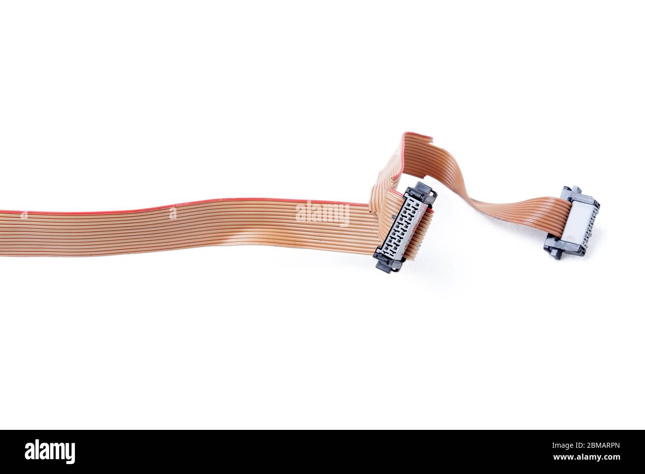 A ribbon cable of yellow and red wires with a black and white connector ...