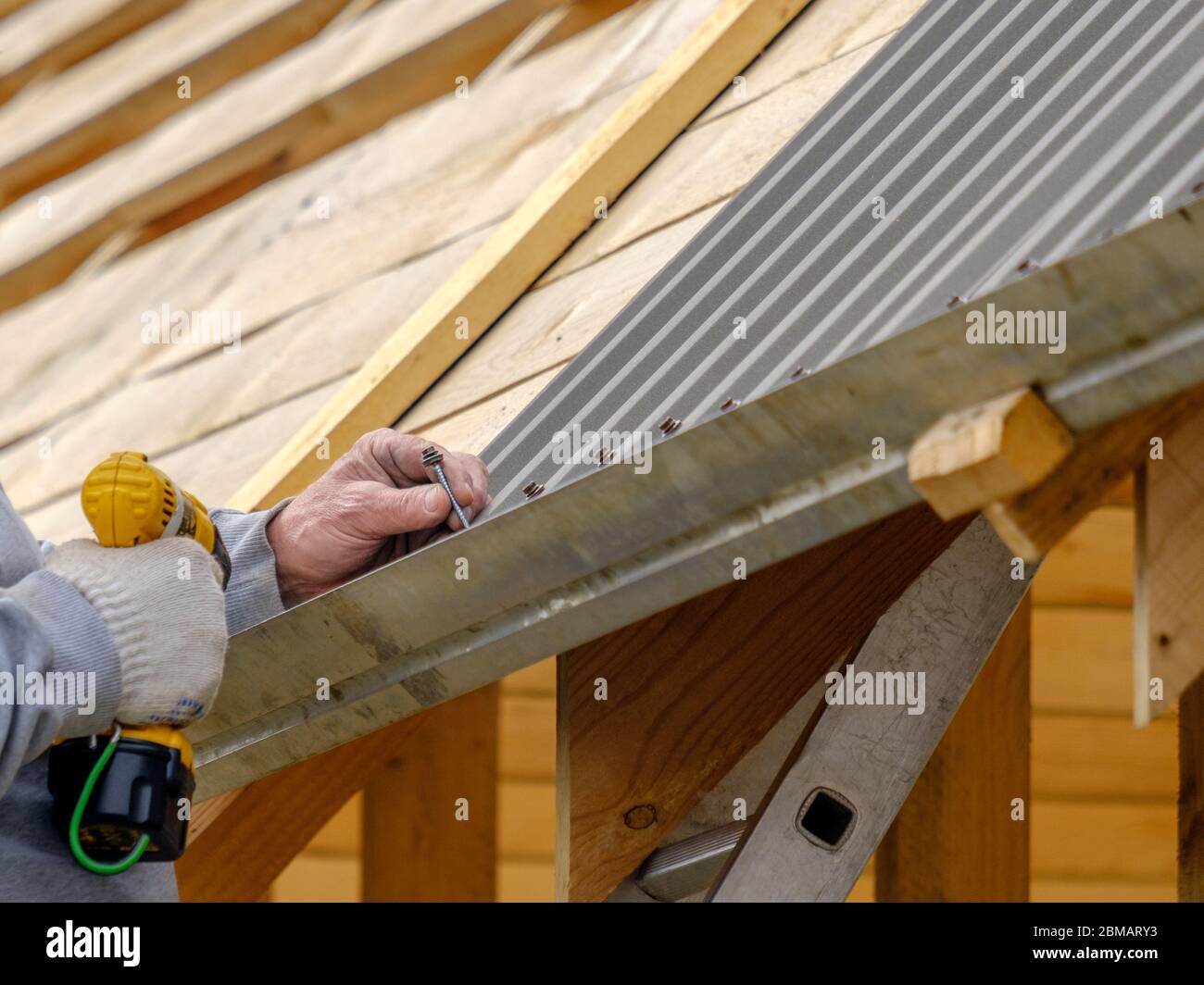 Men's hands in work gloves with a yellow screwdriver screw the roofing  sheet to the roof of a country house. Cordless drill Stock Photo - Alamy