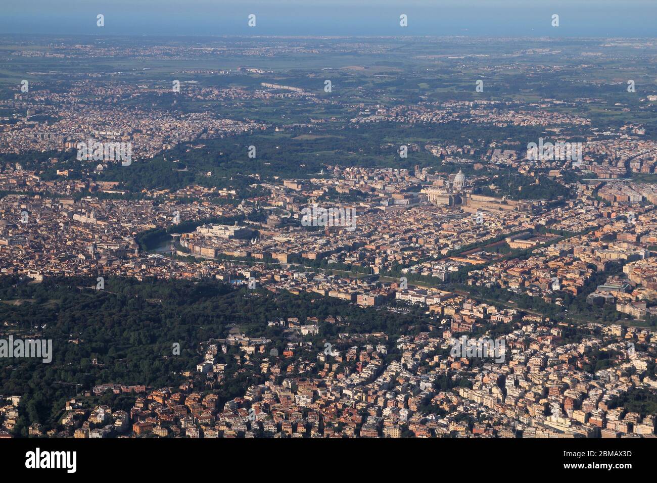 Rome, Italy - aerial view with Tiber river and famous stadium visible. Stock Photo