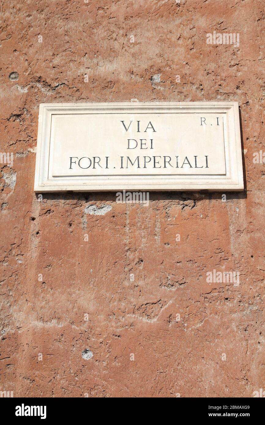 Via dei Fori Imperiali - street sign in Rome, Italy. Monti district. Stock Photo