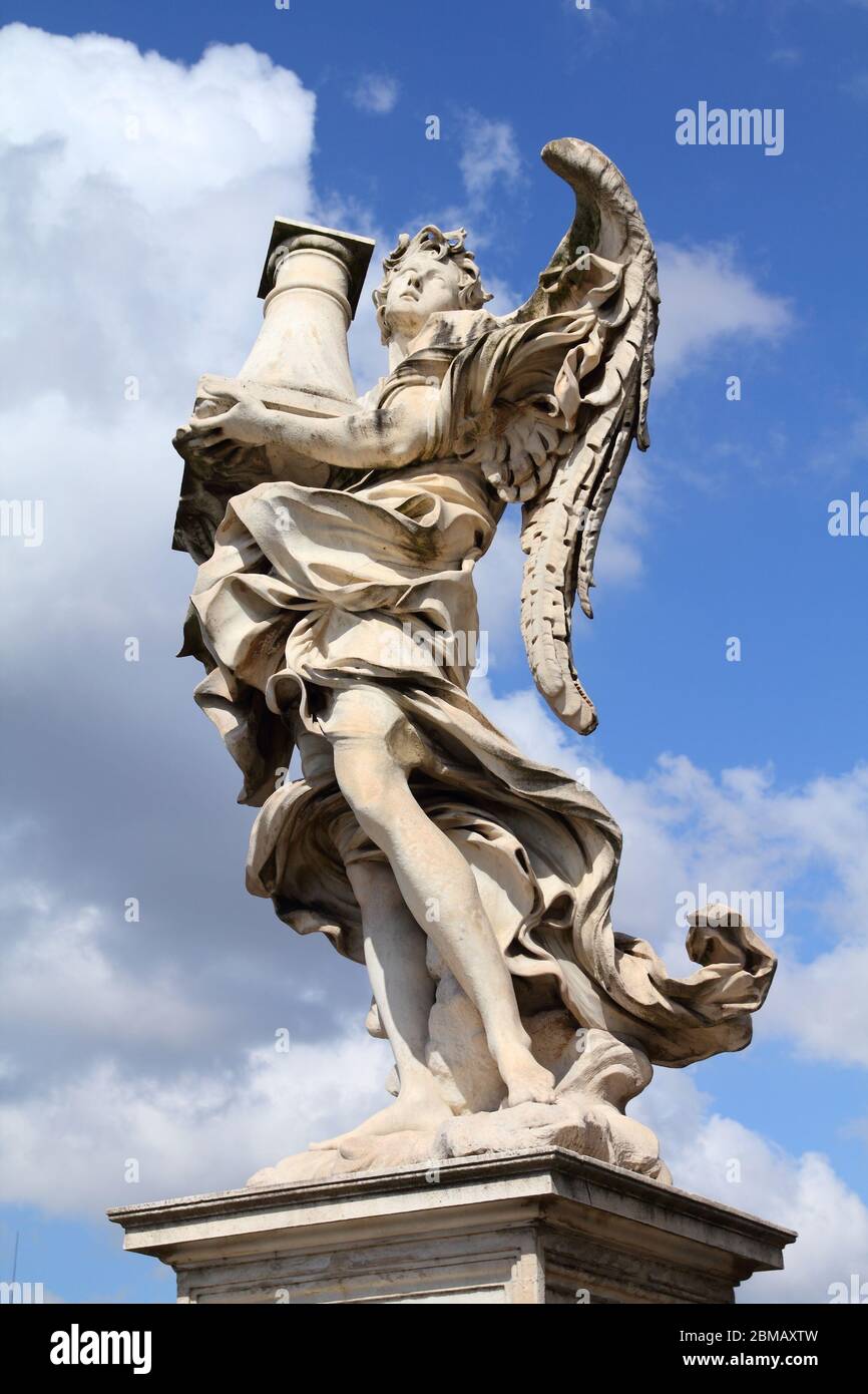 Rome, Italy. One of the angels at famous Ponte Sant' Angelo bridge. Angel with the Column statue by Antonio Raggi. Stock Photo