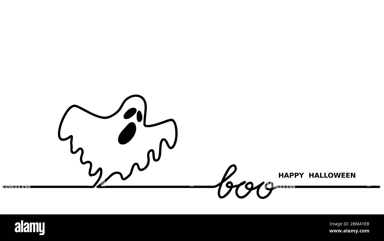 Ghost says boo.Happy Halloween vector simple one continuous line drawing for background, banner, illustration. Black and white Halloween ghost Stock Vector