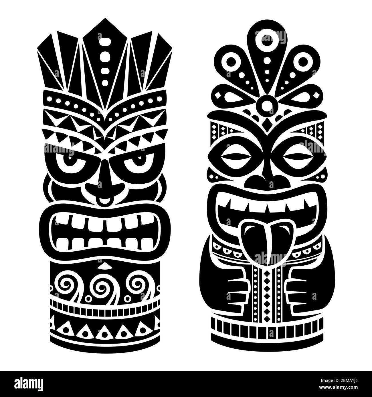 Tiki pole totem vector design - traditional statue decor set from Polynesia and Hawaii, tribal folk art background Stock Vector
