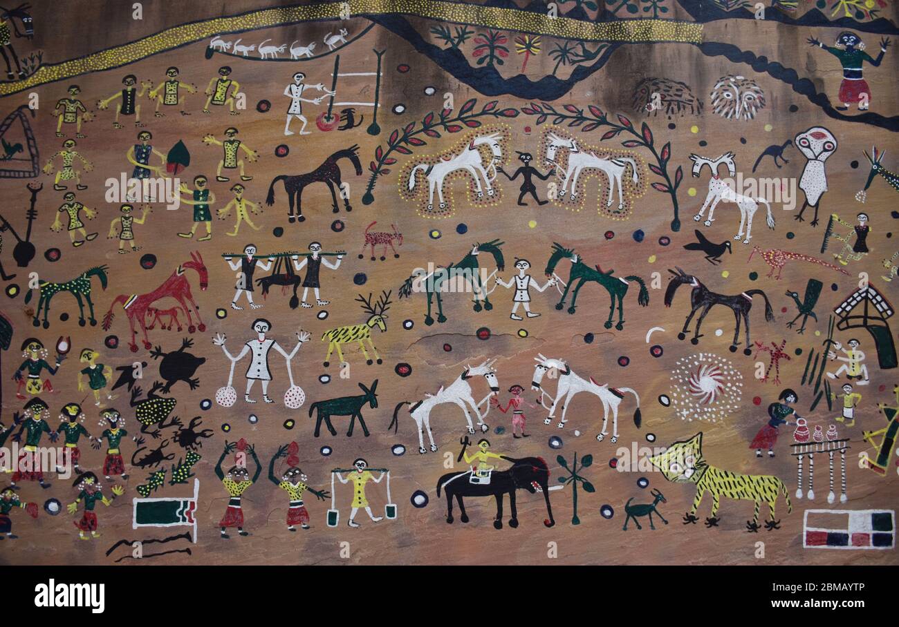 Indian Tribal Painting or Warli Painting at Manav Sangrahalaya Stock Photo