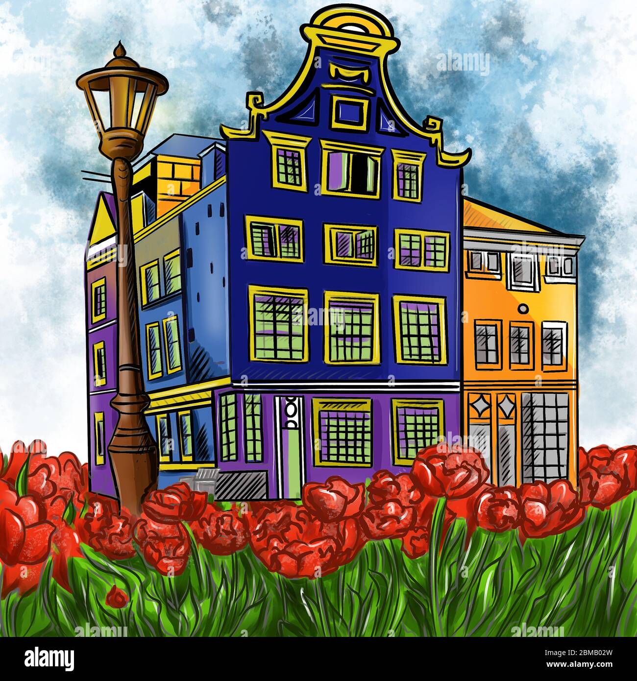 Illustration colored drawing of a multi-storey house in a vintage style in blue on a background of clouds and red tulips. Stock Photo