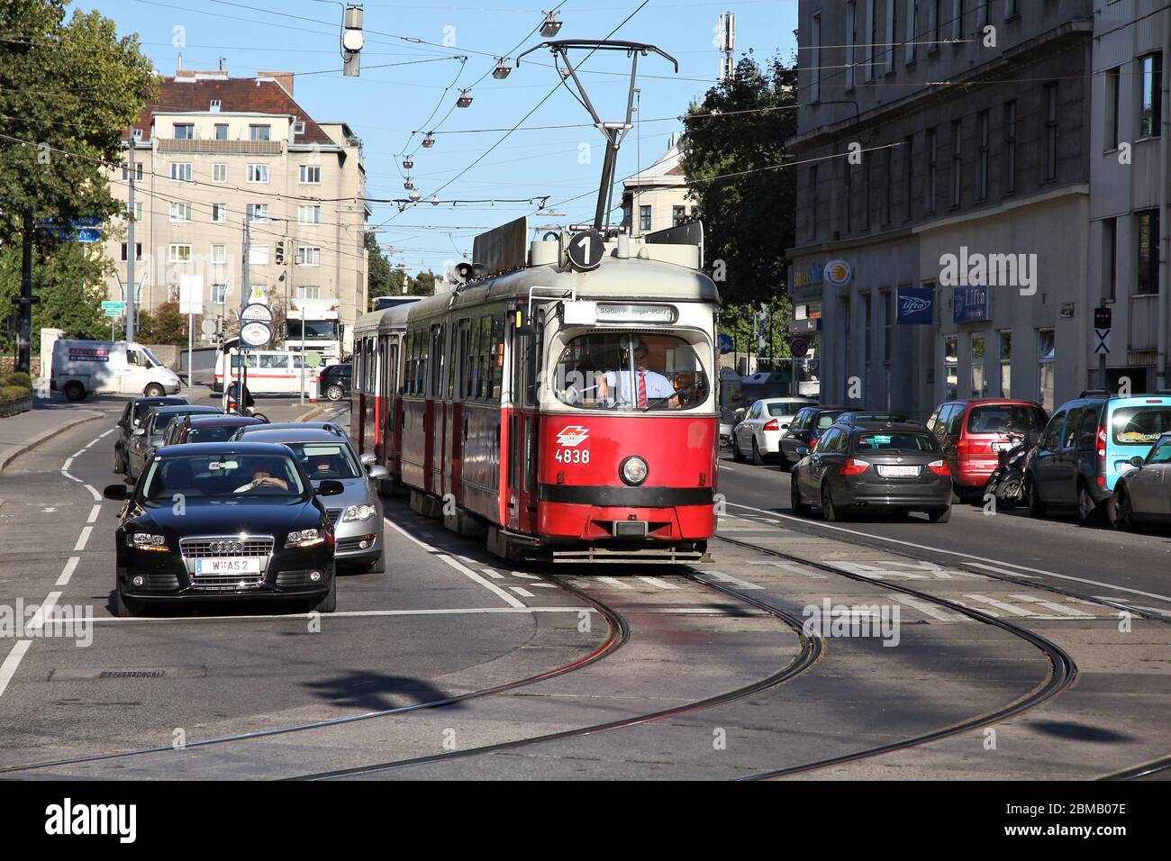 VIENNA, AUSTRIA - SEPTEMBER 6, 2011: People ride a tram in Vienna. With 172km total length, Vienna Tram network is among largest in the world. In 2009 Stock Photo