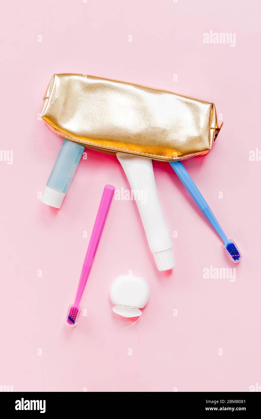 Teeth hygiene and oral dental care products in golden travel cosmetic ...