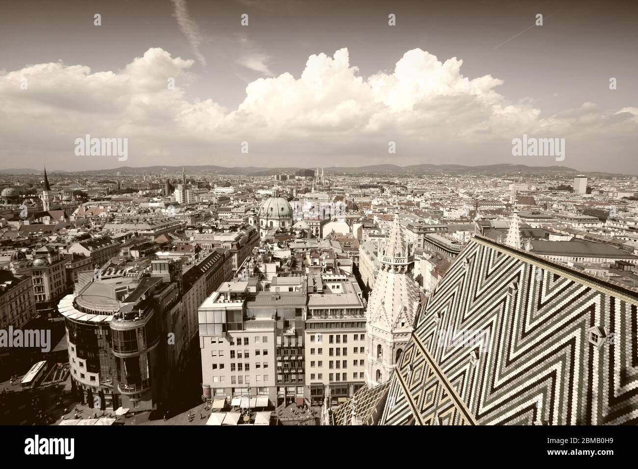 Vienna, Austria - aerial view of the cathedral and the Old Town, a UNESCO World Heritage Site. Sepia tone - retro monochrome color style. Stock Photo