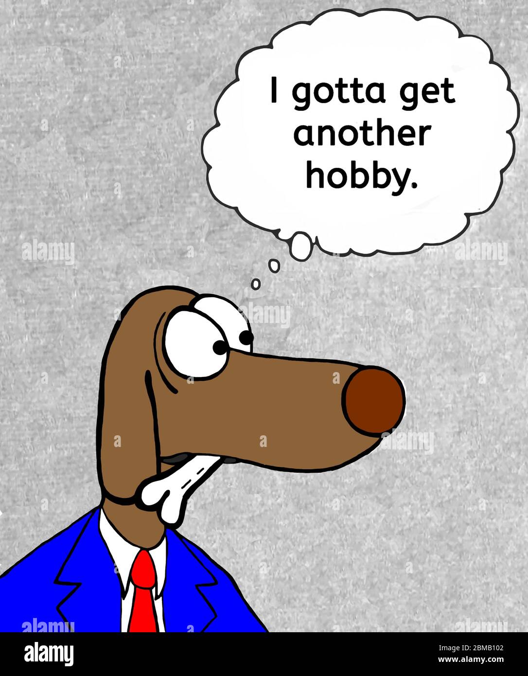 Color cartoon of business dog chewing a bone and thinking he has to get a new hobby. Stock Photo