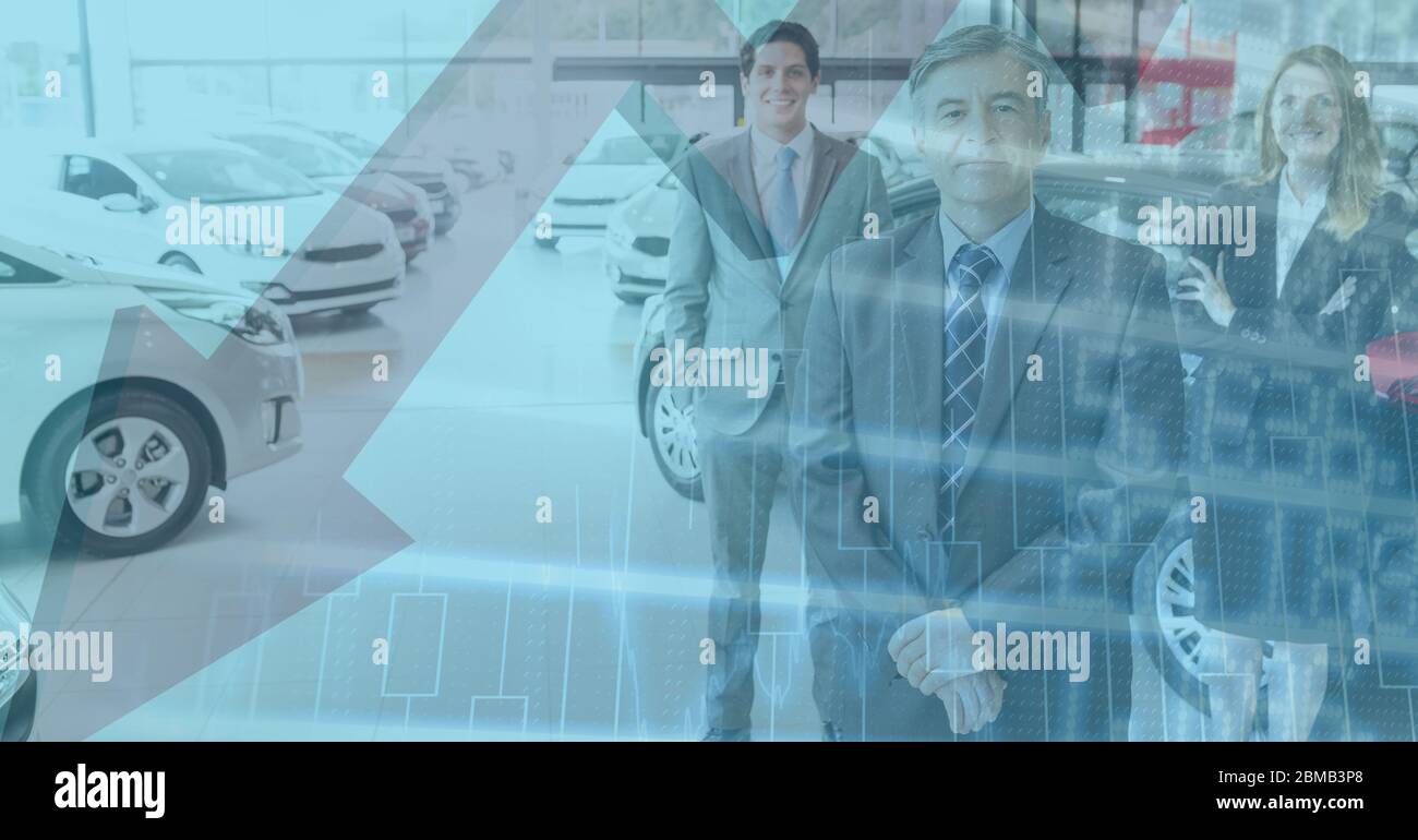 Data processing and red arrow going down with car dealships in background Stock Photo