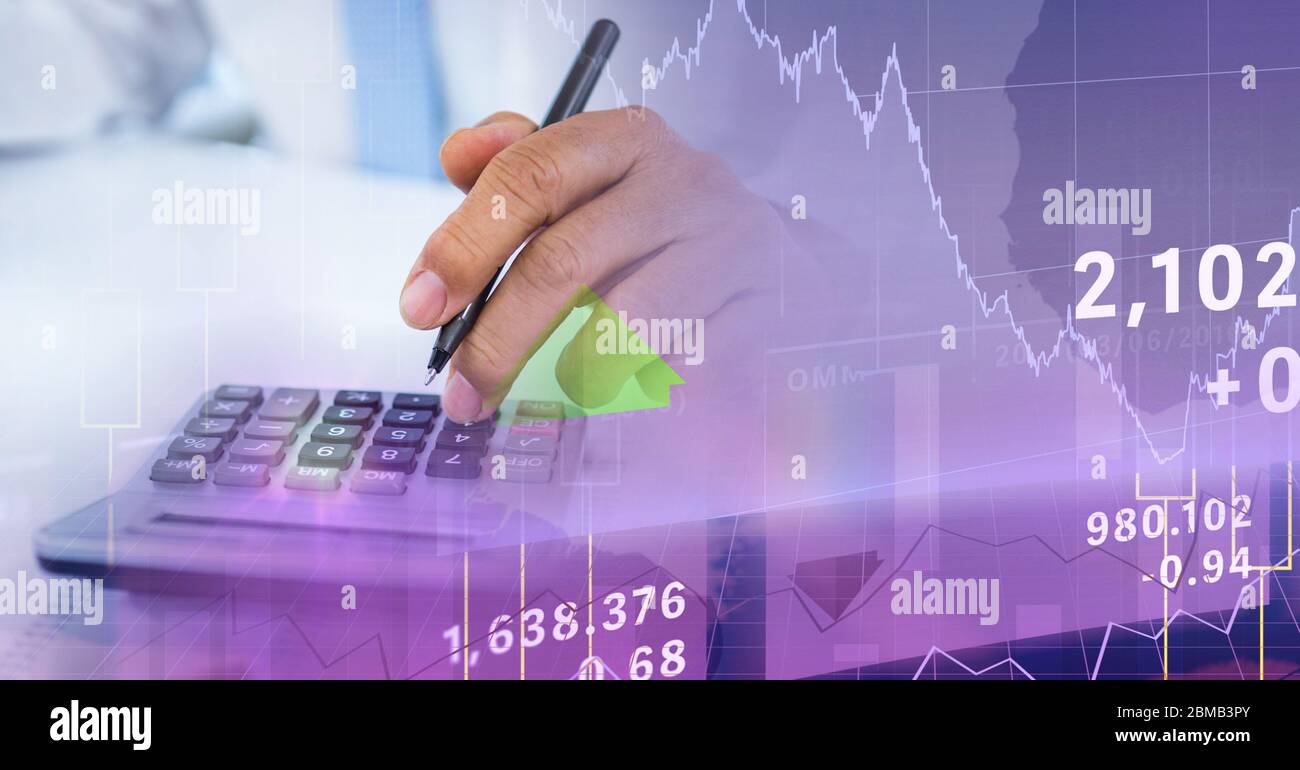 Digital illustration of Caucasian male hands calculating over statistics Stock Photo