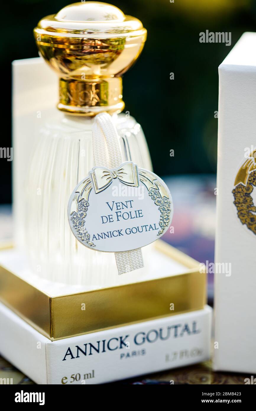 PARIS, FRANCE -5 MAY 2020 - Perfume bottles at an Annick Goutal fragrance store in Paris. Stock Photo