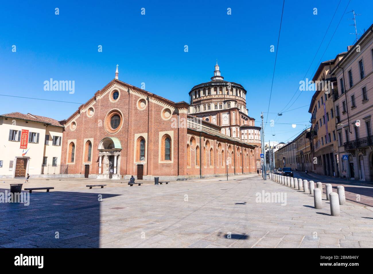 Milan, Italy - APRIL 29, 2020: view of exterior of Holy Mary of Grace, Dominican church and convent, during the coronavirus pandemic lockdown Stock Photo