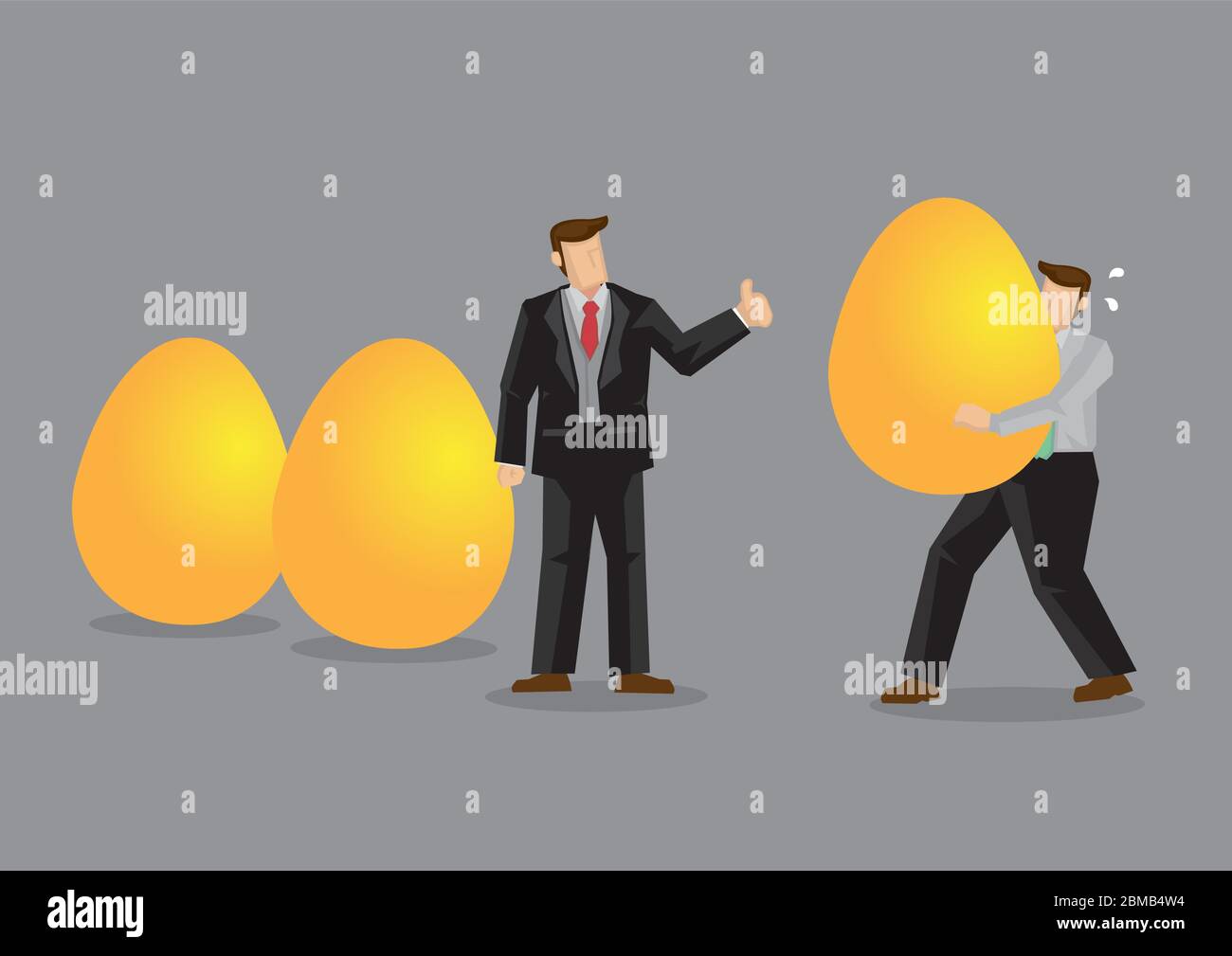 Manager gives thumbs up gesture to employees for bringing in gold eggs, representing valuable asset. Creative vector illustration for concept positive Stock Vector