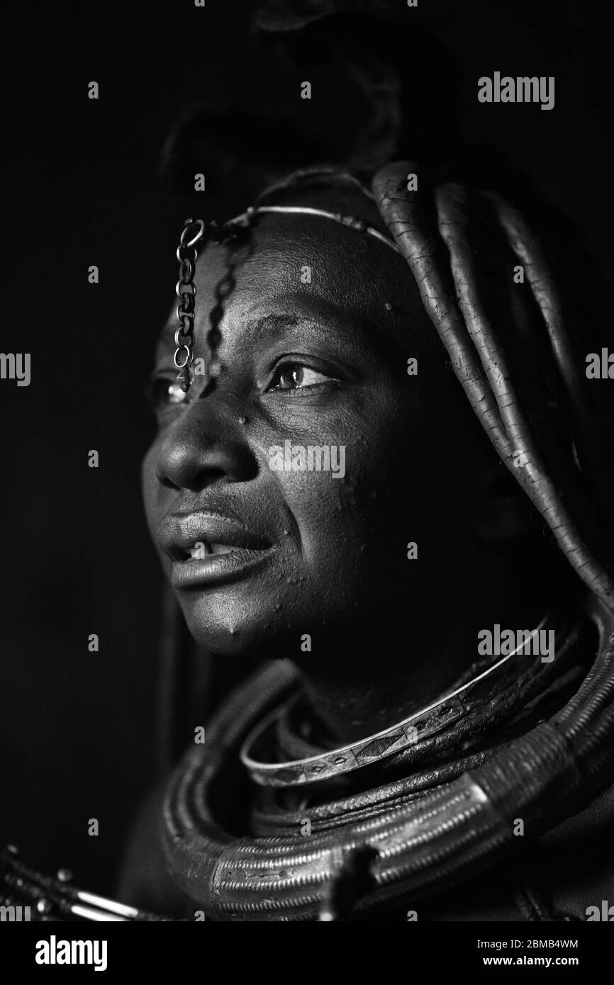 Black and white portrait of a Himba woman. Namibia. Stock Photo