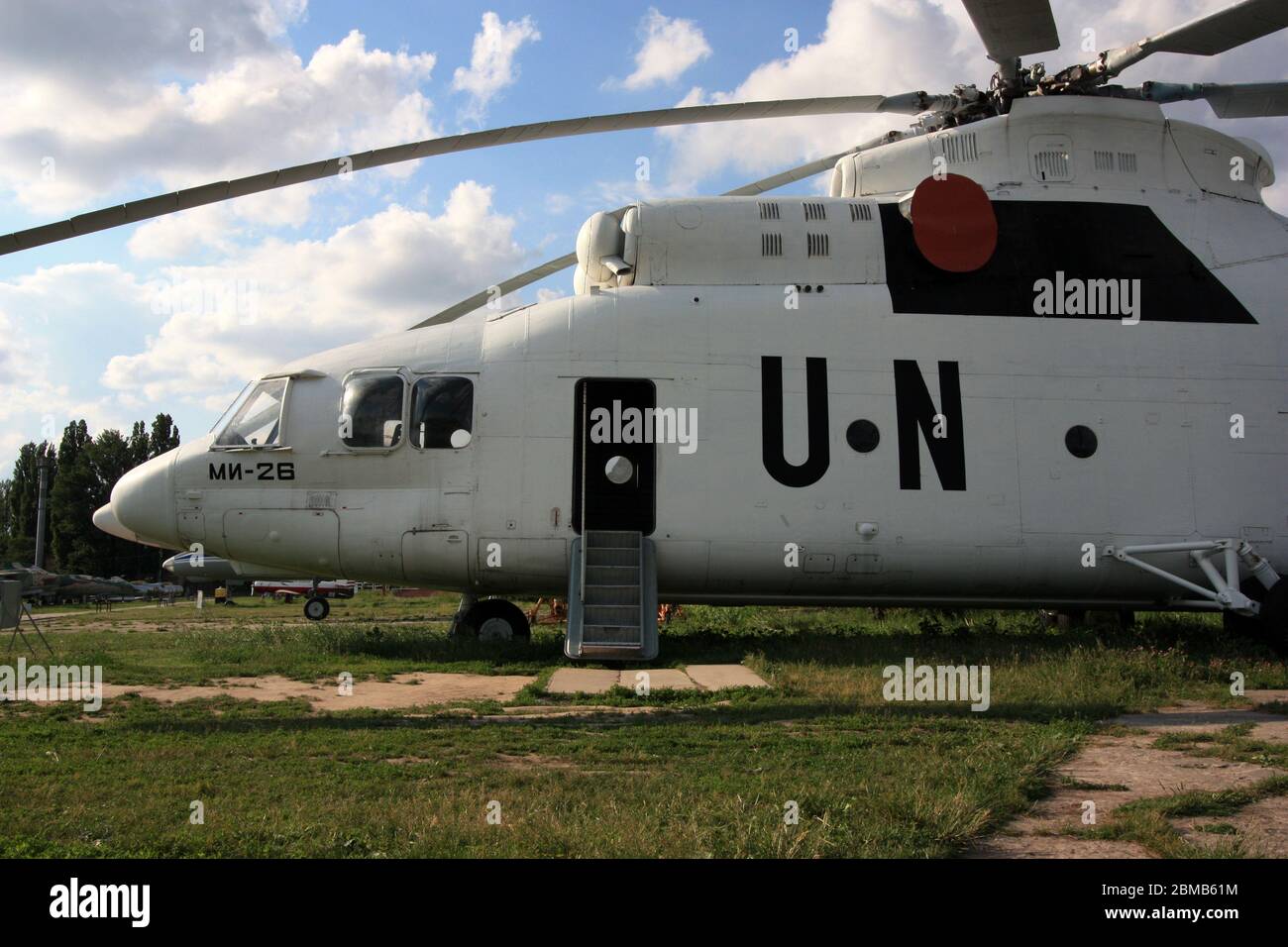 Exterior view of a Mil Mi-26 'Halo' super heavy-lift helicopter with United Nations livery painting at the Zhulyany State Aviation Museum of Ukraine Stock Photo