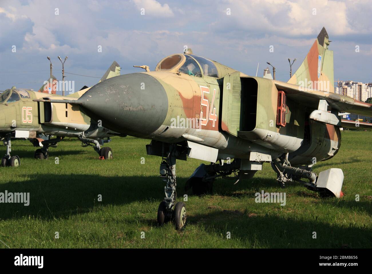 Exterior view of a Mikoyan-Gurevich MiG-23 'Flogger' third-generation jet fighter aircraft at the Zhulyany State Aviation Museum of Ukraine Stock Photo