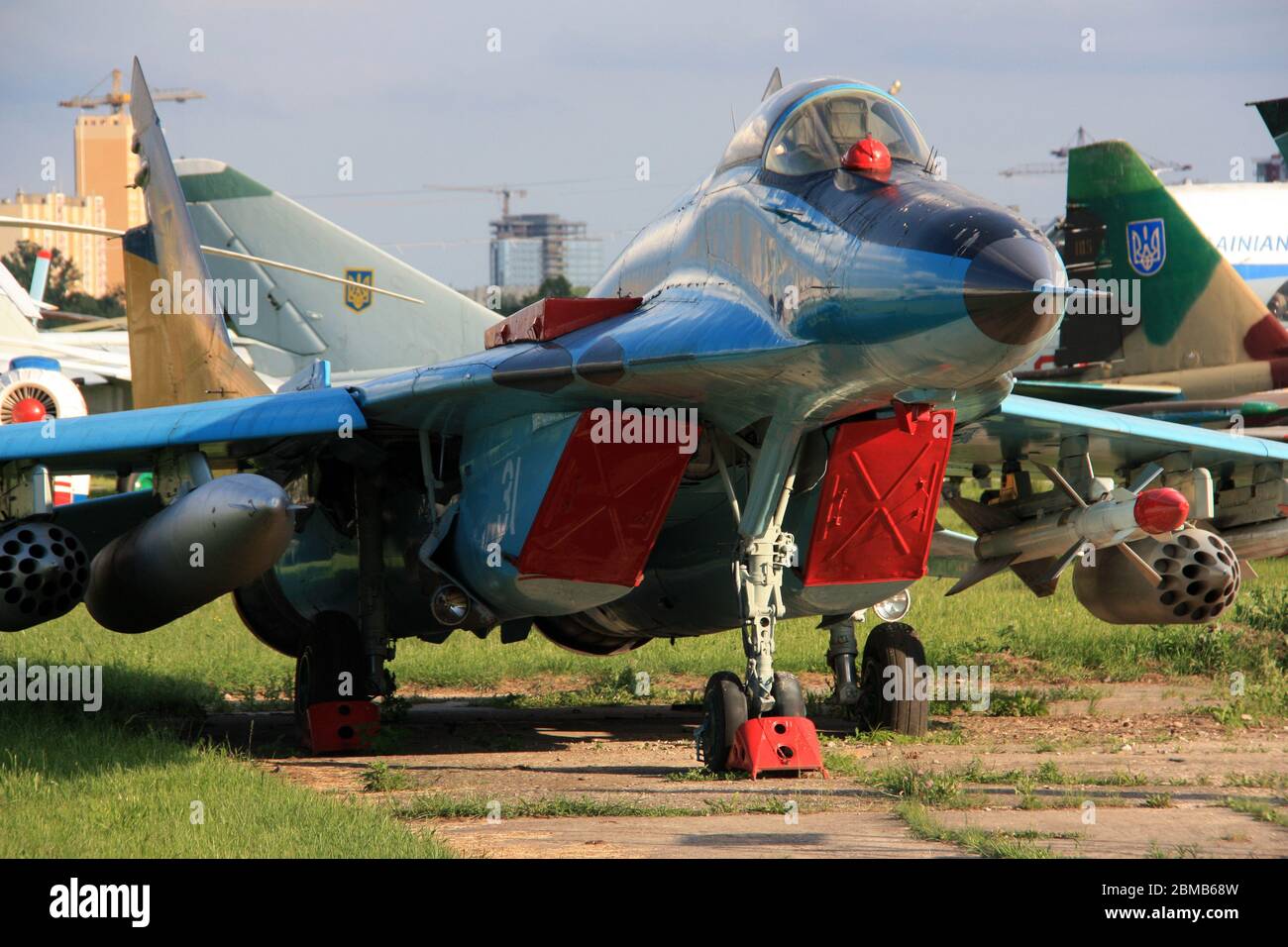 Front view of a Mikoyan MiG-29 'Fulcrum'  twin-engine air superiority jet fighter at the Zhulyany State Aviation Museum of Ukraine Stock Photo