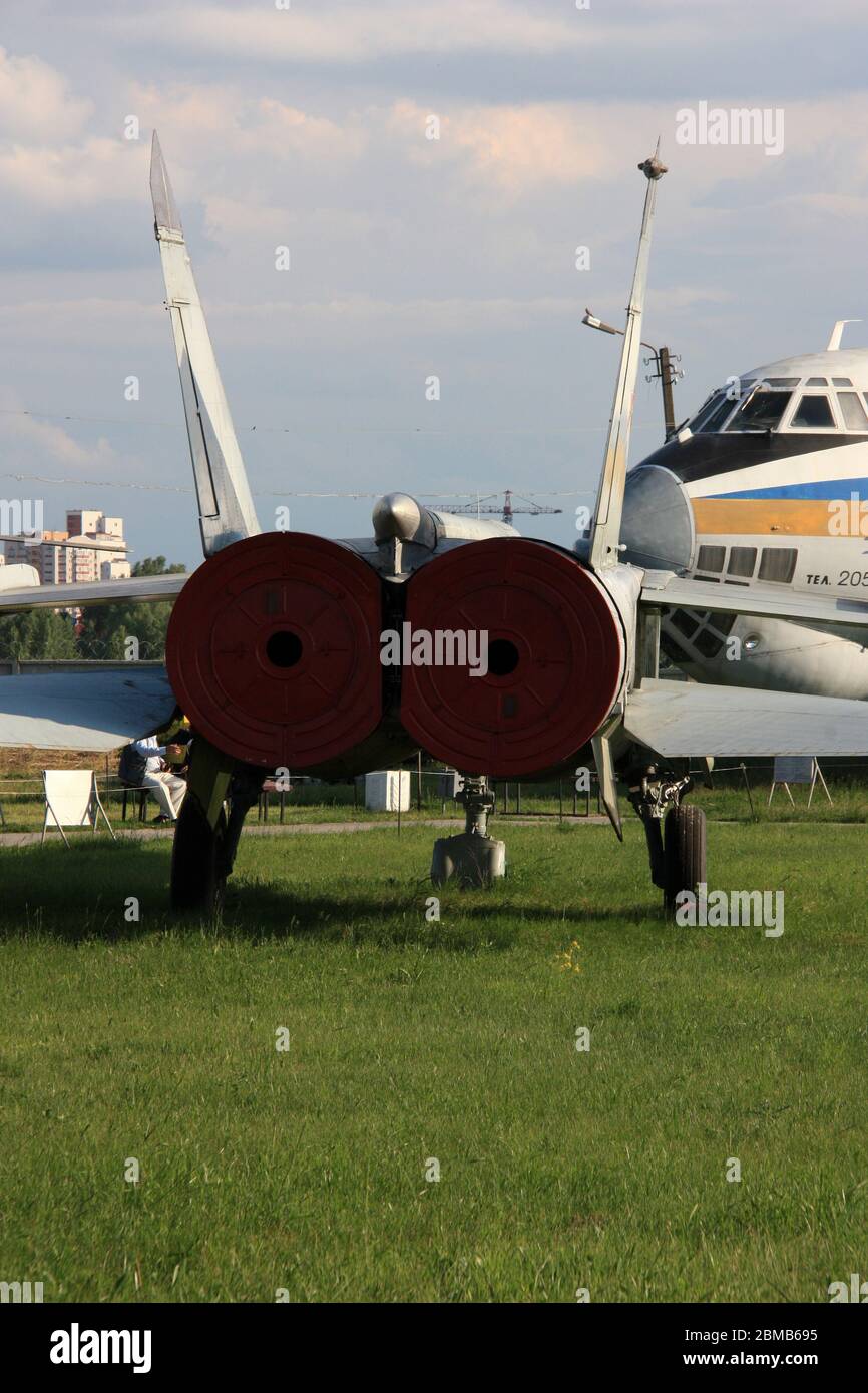 Rear view of the soviet Mach 3+ reconnaissance and interceptor aircraft MiG 25 'Foxbat' at the Zhulyany State Aviation Museum of Ukraine Stock Photo