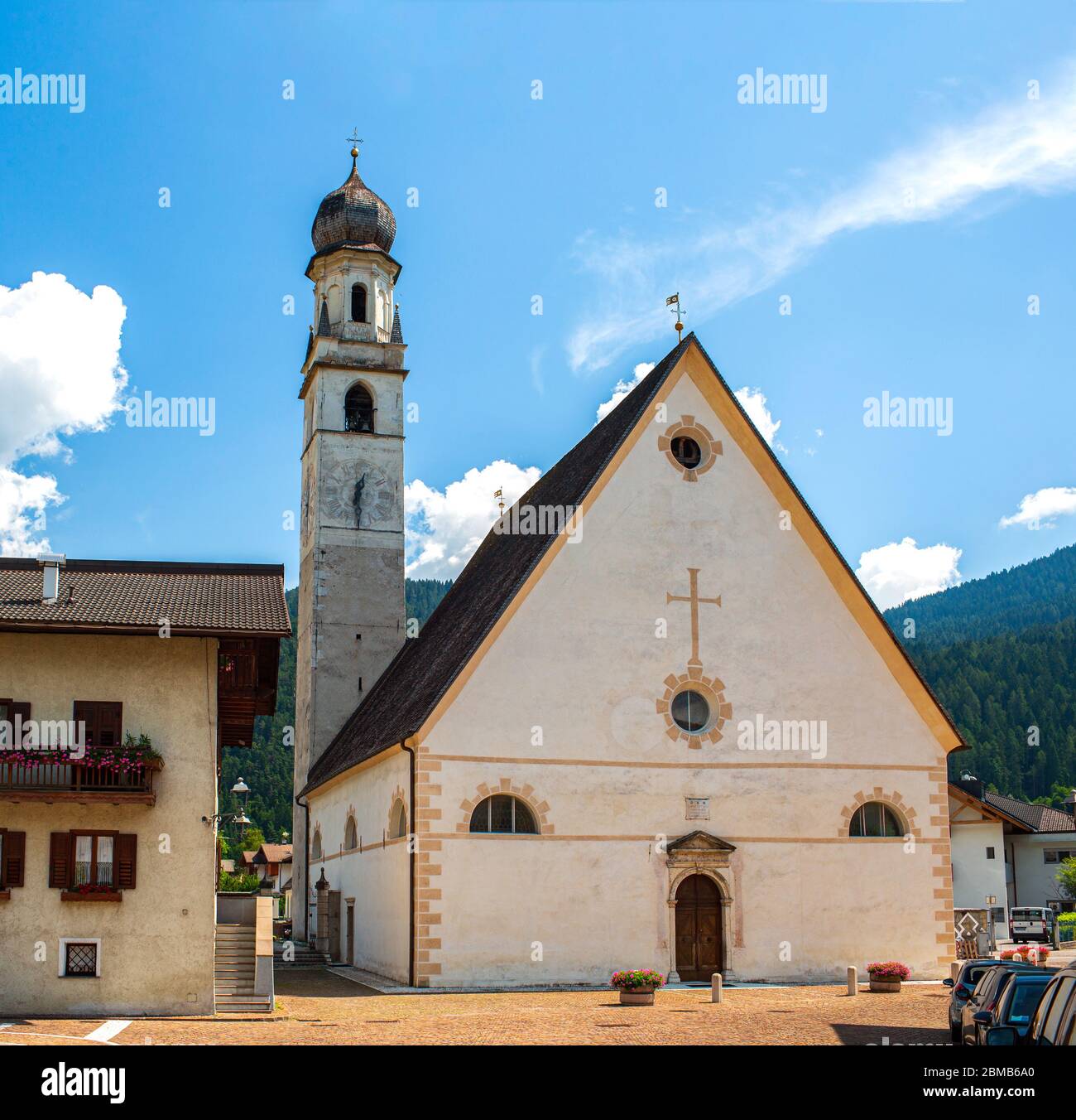 Mezzano Imerm, Pale di San Martino village with Dolomite peaks in Val di Primiero Noana of Trentino Alto-Adige, Italy in sunrise. Stock Photo