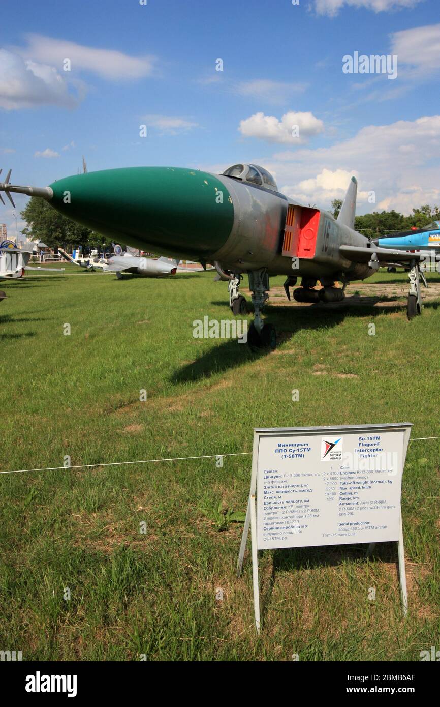 Exterior view of a Sukhoi Su-15 'Flagon' twinjet supersonic interceptor aircraft at the Zhulyany State Aviation Museum of Ukraine Stock Photo