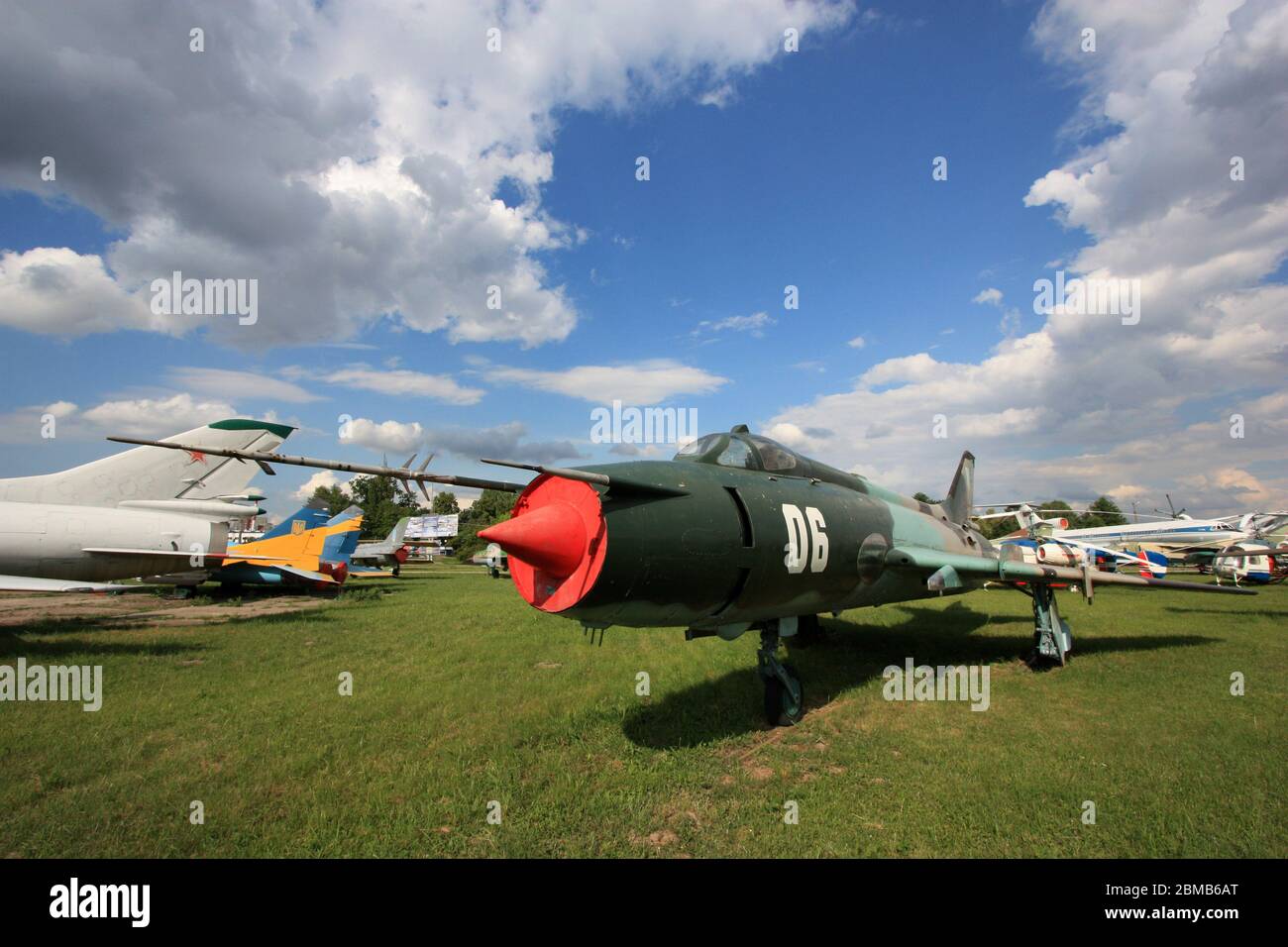 Exterior view of a Sukhoi Su-20 "Fitter-C" (Su-17 export version) variable-sweep wing fighter-bomber at the Zhulyany State Aviation Museum of Ukraine Stock Photo