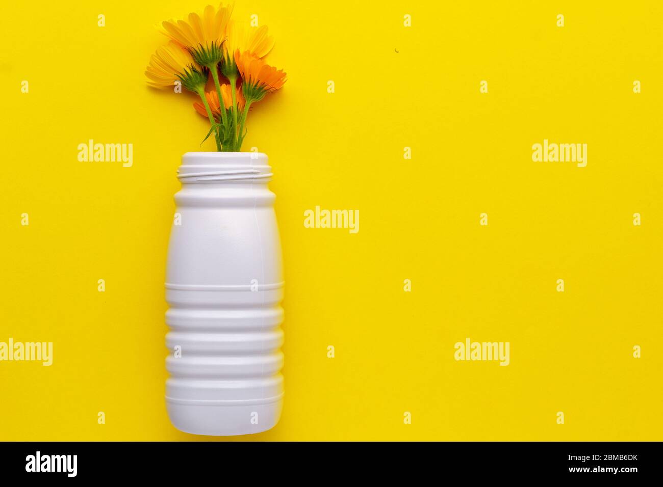 Reused white plastic bottle with flowers on a yellow background located on the left. Plastic recycling to yellow container Stock Photo