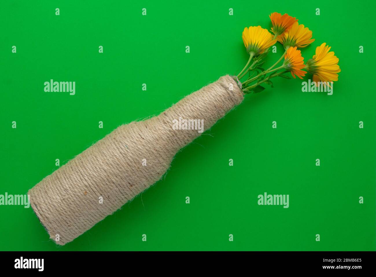 Glass beer bottle reused with hemp thread and flowers on the diagonal with a green background. Recycling and reusable concept Stock Photo