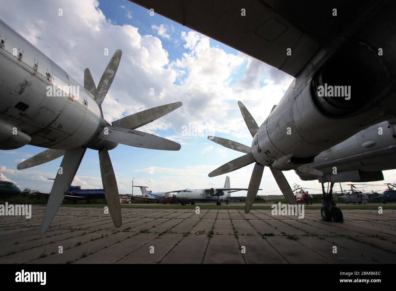 View of a Kuznetsov NK-12 turboprop engines with contra-rotating propellers mounted on a Tupolev Tu-142 'Bear', Zhulyany Ukraine State Aviation Museum Stock Photo