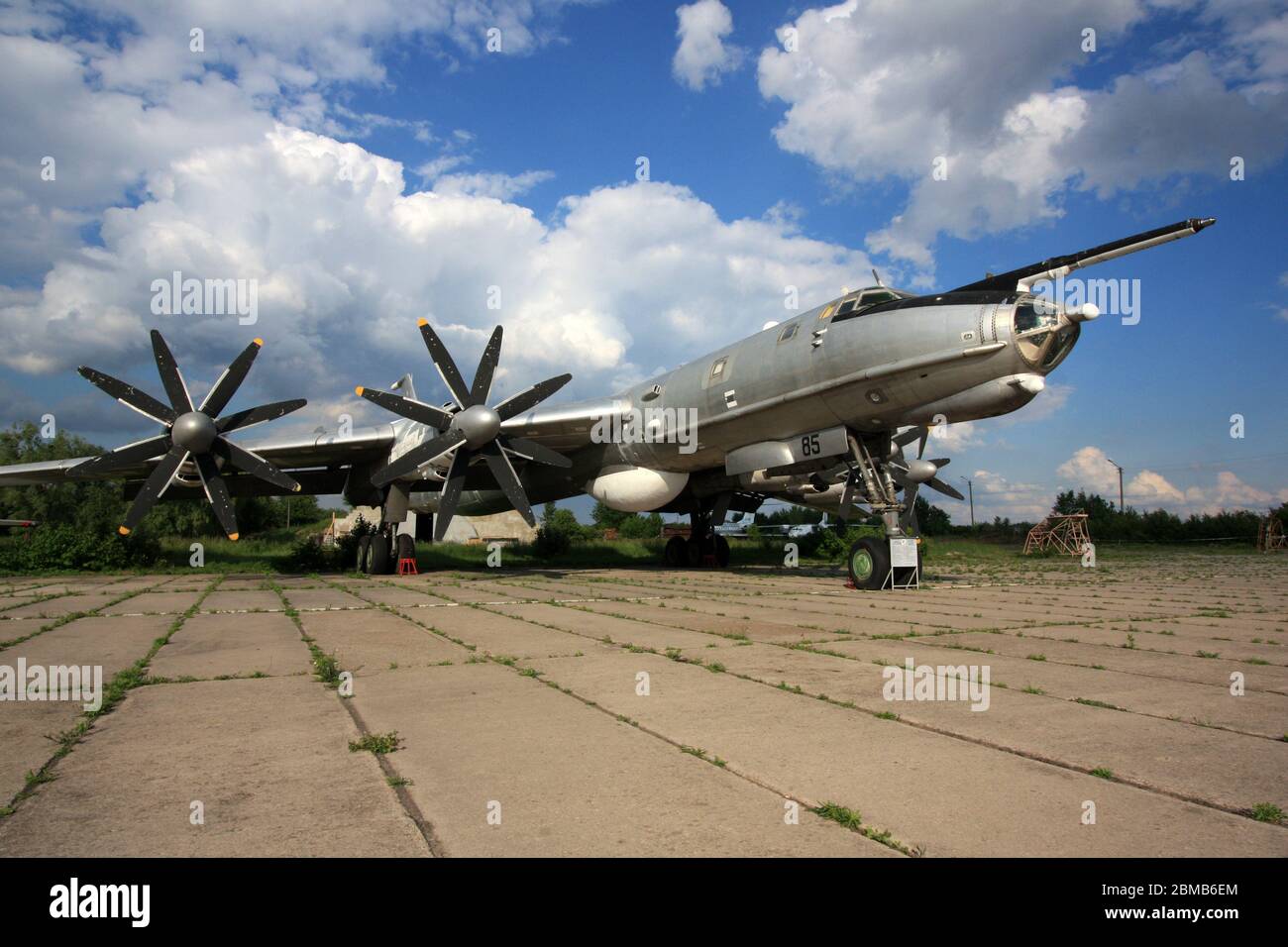 Exterior view of a Tupolev Tu-142 'Bear' maritime reconnaissance and anti-submarine warfare aircraft at the Zhulyany State Aviation Museum of Ukraine Stock Photo