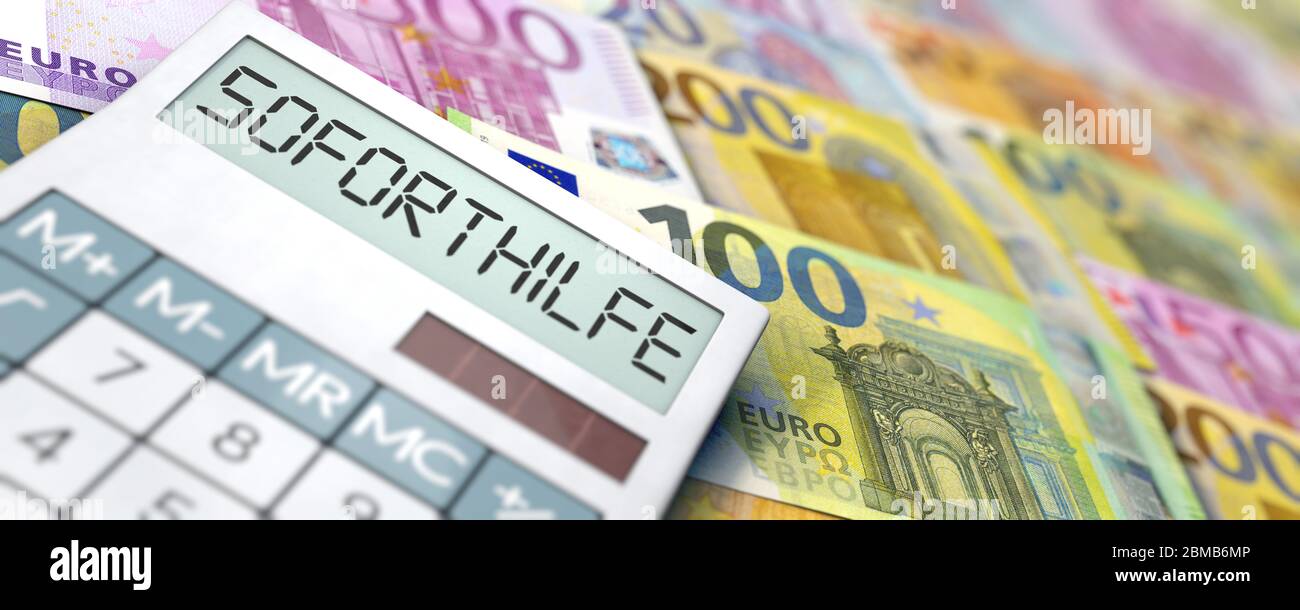 Soforthilfe (Emergency aid): calculator lies on Euro bills Stock Photo
