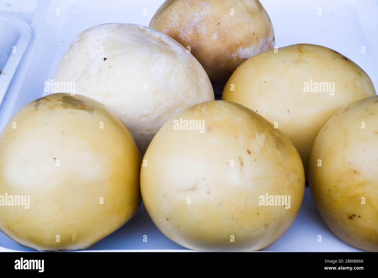 Branza de burduf, traditional sheep's milk cheese from south of Transilvania, Romanian specialty cheese, yellow round shape goat cheese balls homemade Stock Photo