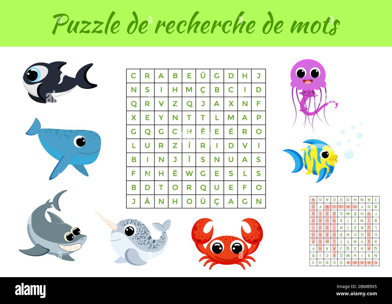 Puzzle de recherche de mots - Word search puzzle with pictures. Educational game for study French words. Activity worksheet colorful printable version Stock Vector