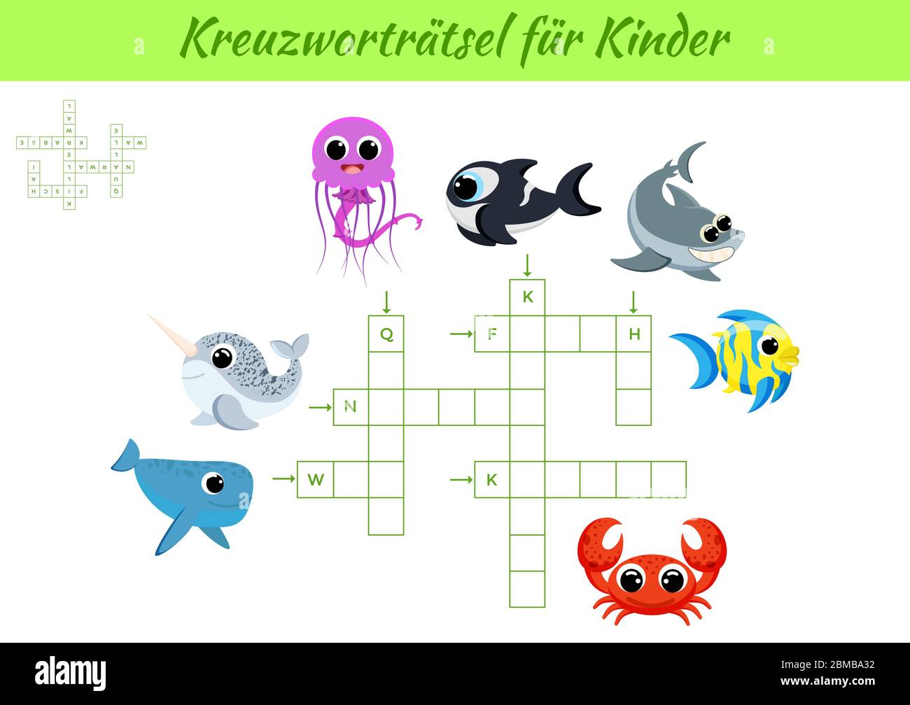 Kreuzworträtsel für Kinder - Crossword for kids. Kids activity worksheet colorful printable version. Educational game for study German words. Stock Vector