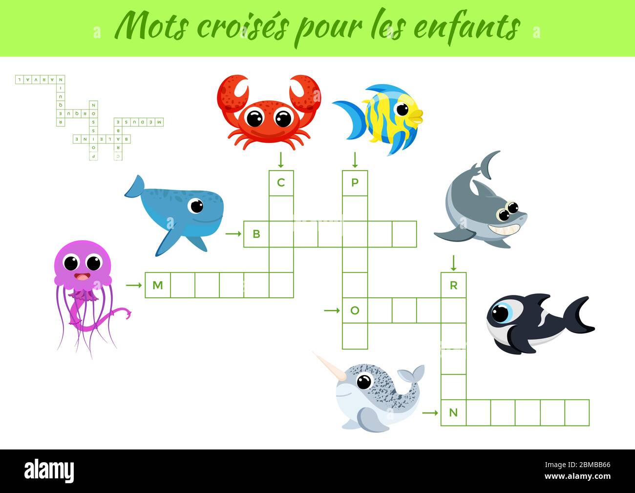 Mots croisés pour les enfants - Crossword for kids. Activity worksheet colorful printable version. Educational game for study French words. Stock Vector
