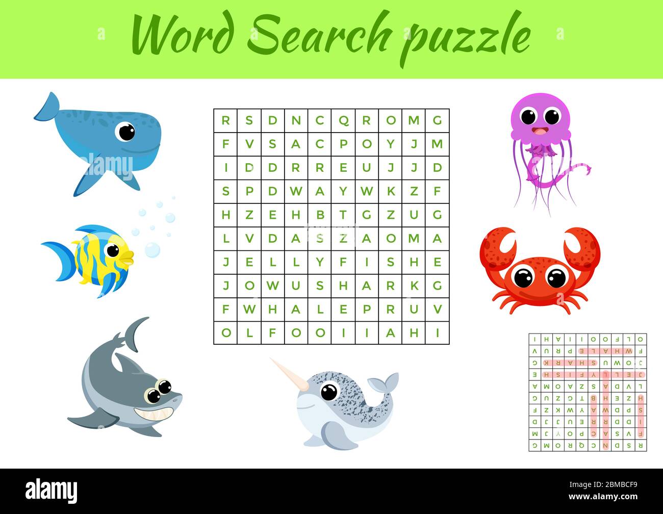 Clip cards game template word search puzzle. Kids activity worksheet colorful printable version. Educational game for study English words. Stock Vector