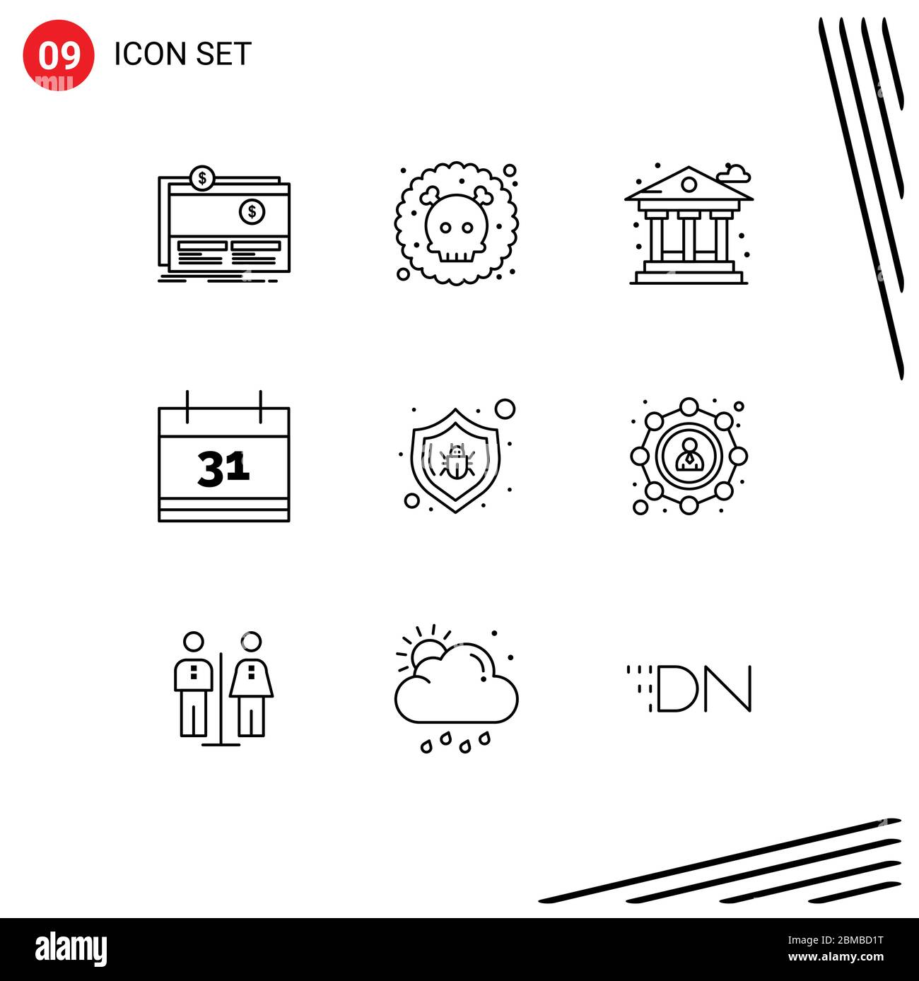 9 Universal Outlines Set for Web and Mobile Applications bug, event, waste, date, money Editable Vector Design Elements Stock Vector