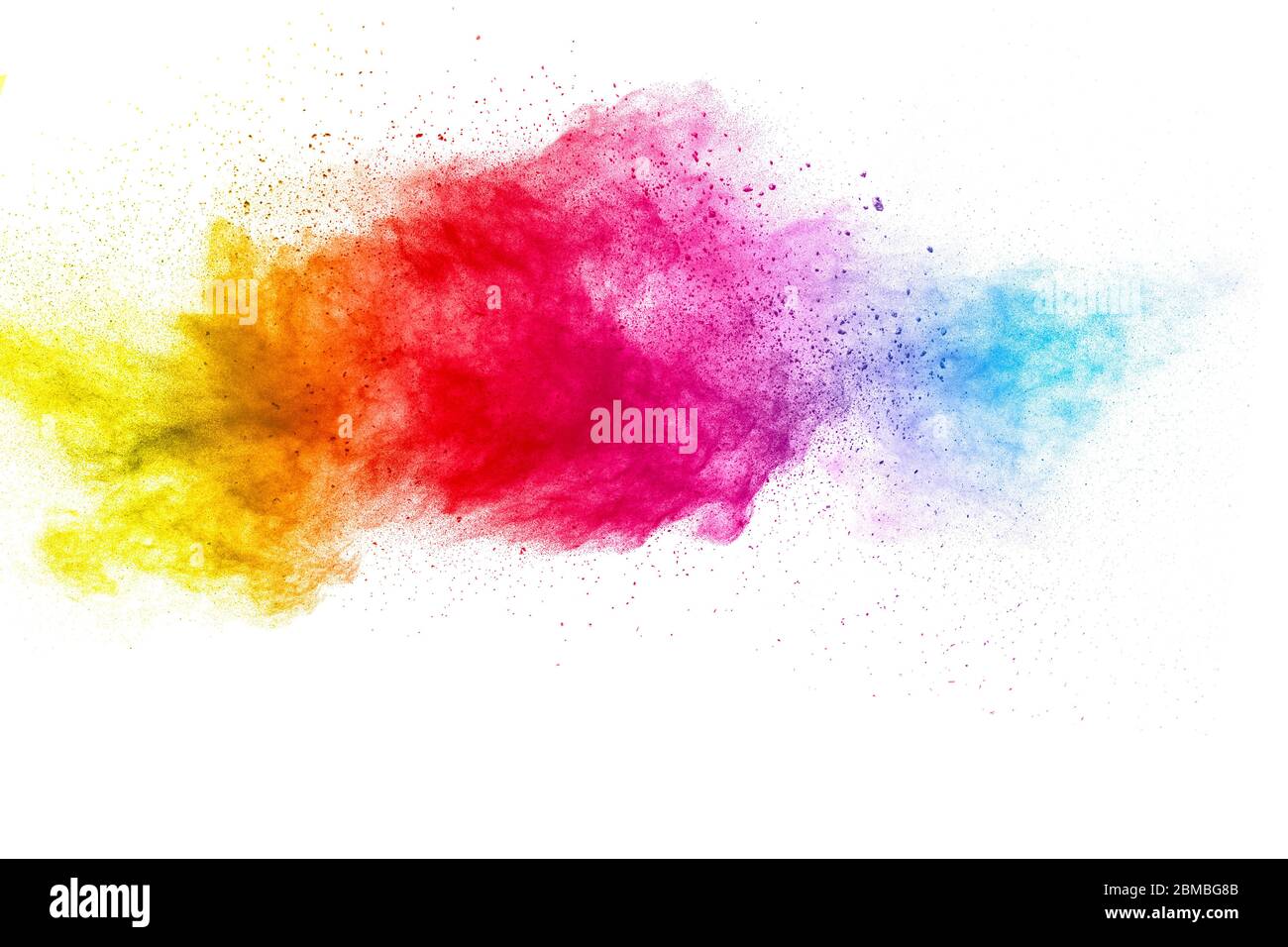 Multicolored particles explosion on white background. Colorful dust splatter. Stock Photo