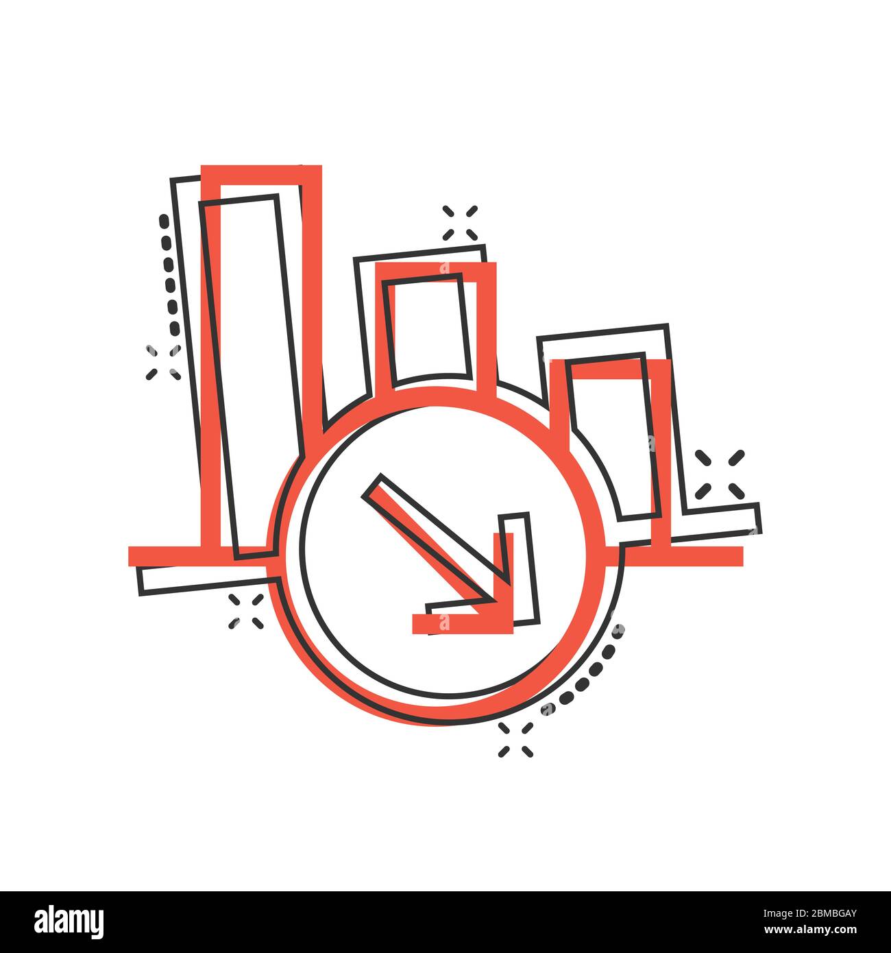 Market trend icon in comic style. Decline arrow with magnifier cartoon