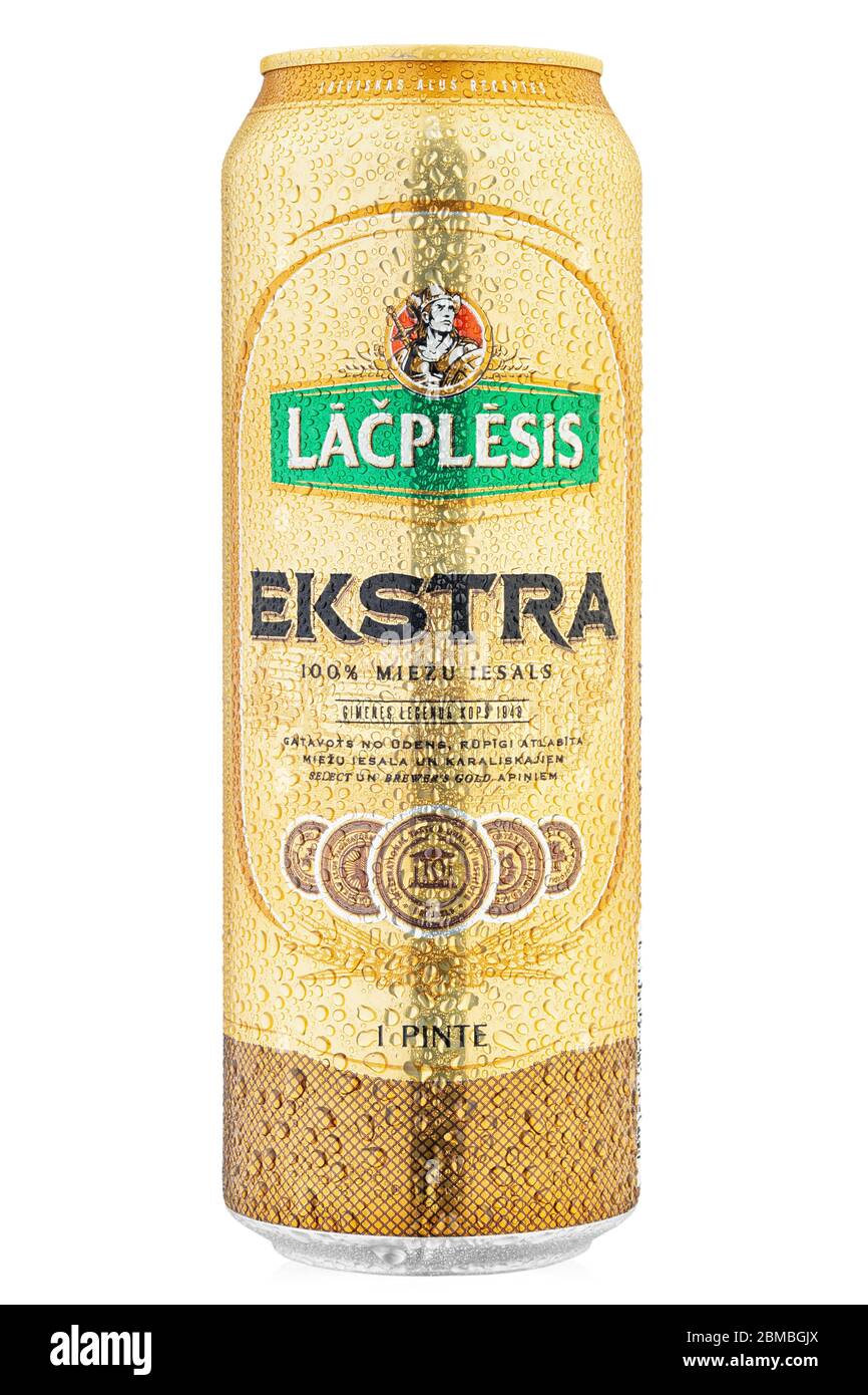 Ukraine, Kyiv - March 16, 2020: Aluminium cold can of Latvian Lacplesis  Ekstra beer from manufacturer Royal Unibrew Isolated on white. Water drops.  Fi Stock Photo - Alamy