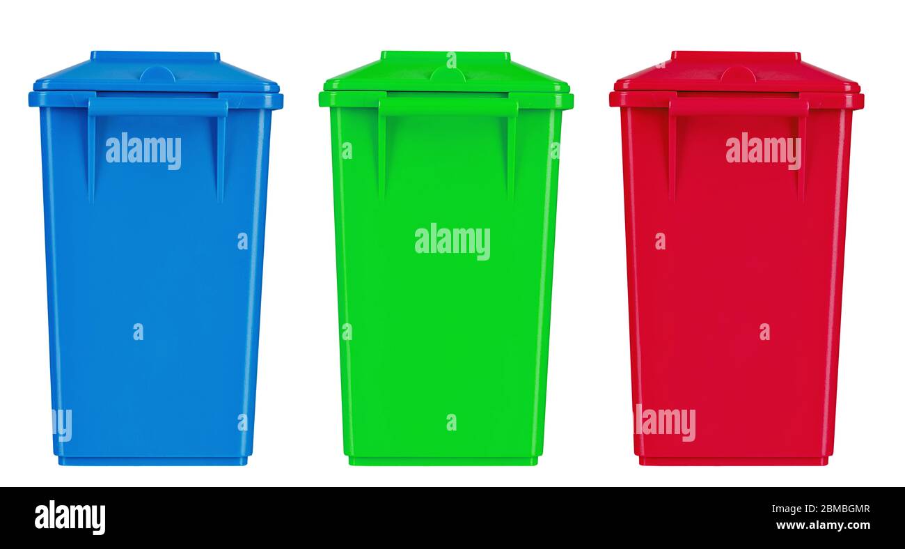 Three colorful recycle bins isolated on white background Stock Photo