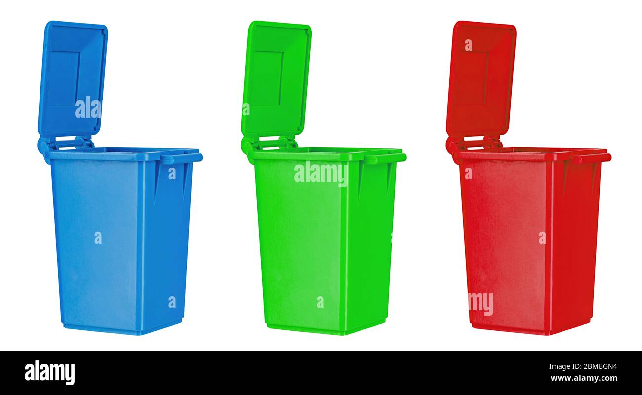 Three colorful recycle bins isolated on white background Stock Photo
